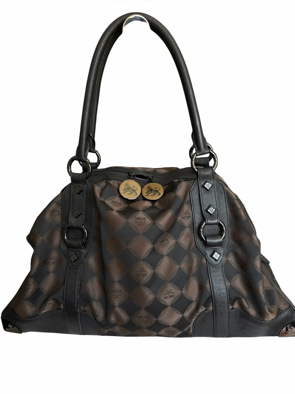 MCM XL Monogram Tote Bag Brown Black Cognac Oversized Travel Bag Luxury Designer